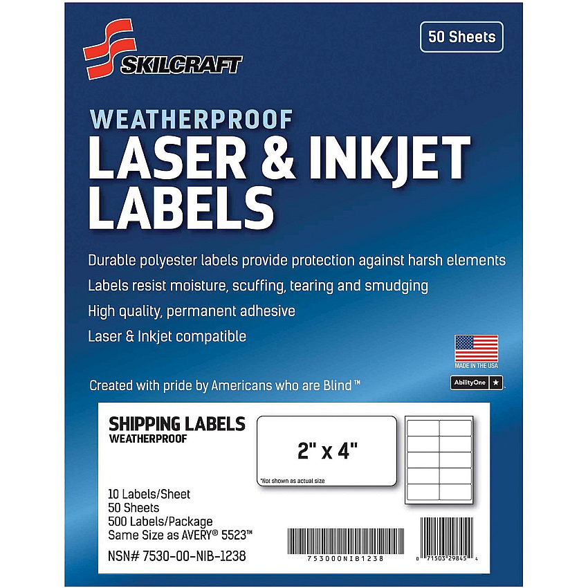 AbilityOne 7530016736220 SKILCRAFT Weatherproof Mailing Labels, Laser Printers, 2 x 4, White, 10/Sheet, 50 Sheets/Pack
