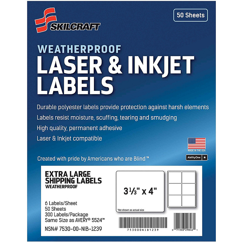 AbilityOne 7530016736217 SKILCRAFT Weatherproof Mailing Labels, Inkjet/Laser Printers, 3.33 x 4, White, 6/Sheet, 50 Sheets/Pack