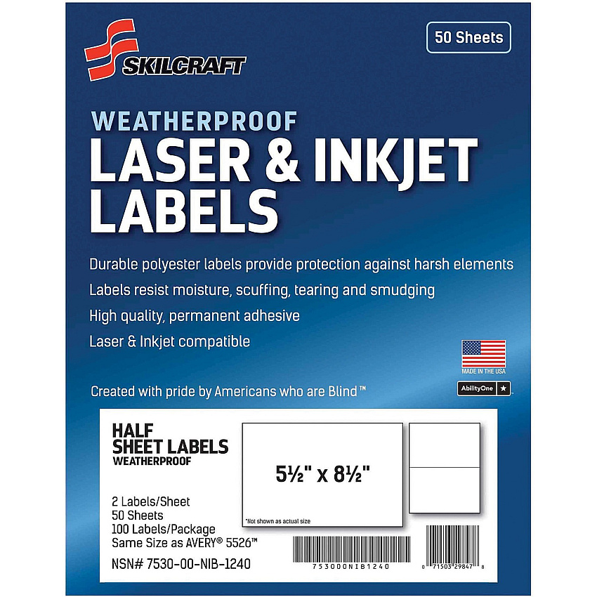 AbilityOne 7530016736219 SKILCRAFT Weatherproof Mailing Labels, Laser Printers, 5.5 x 8.5, White, 2/Sheet, 50 Sheets/Pack