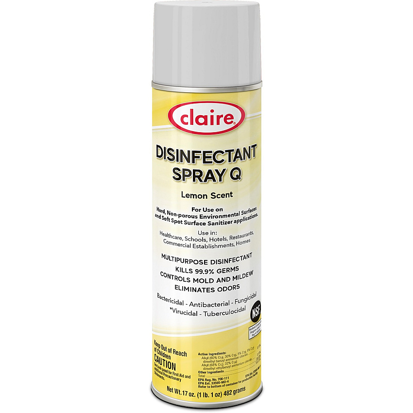 Claire Multipurpose Disinfectant Spray Ready-To-Use - 17 fl oz (0.5 quart) - Lemon Scent - Antibacterial - Yellow - 12 / Carton (C1002)