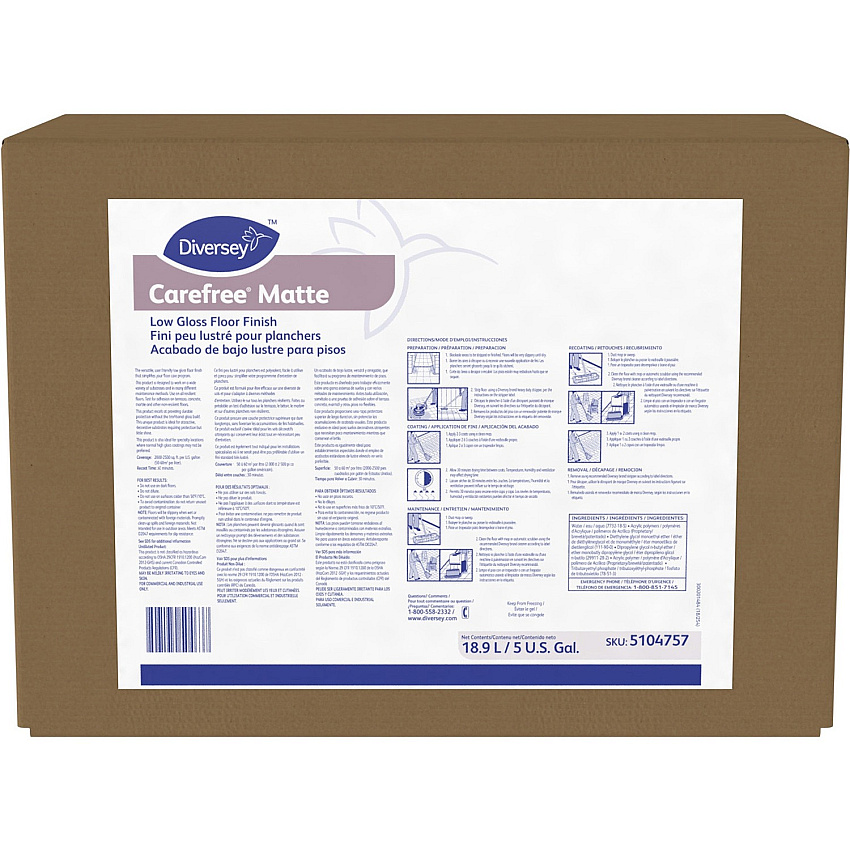 Diversey Carefree Matte Gloss Floor Finish Ready-To-Use - 640 fl oz (20 quart) - Ammonia Scent - Slip Resistant - White - 1 Each (5104757)