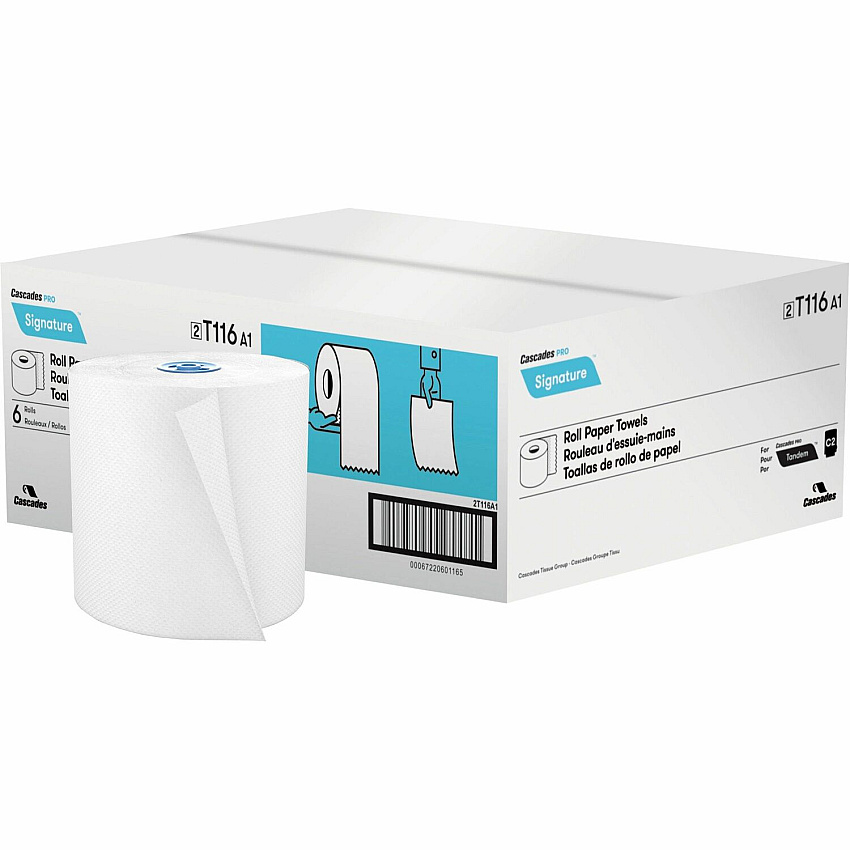 Cascades Hand Towel Roll For Tandem&reg; 7.50" Width x 775 ft Length - White - Paper - 6 / Carton (T116)