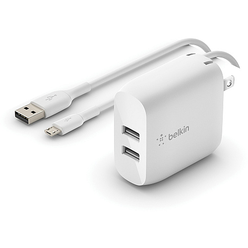 Belkin BoostCharge Dual USB-A Wall Charger 24W (USB-A to Micro-USB cable included) - Power Adapter 24 W - 3.30 ft Cable - 4.80 A - 1 Each (WCE002DQ1MWH)