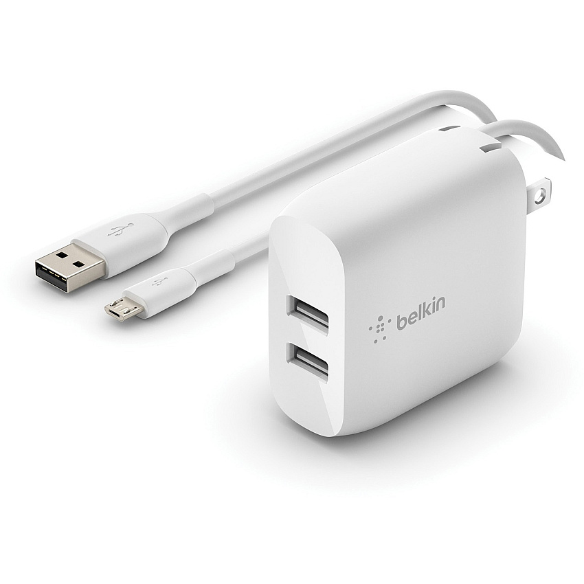 Belkin BoostCharge Dual USB-A Wall Charger 24W (USB-A to Micro-USB cable included) - Power Adapter 24 W - 3.30 ft Cable - 4.80 A - 1 Each (WCE002DQ1MWH)