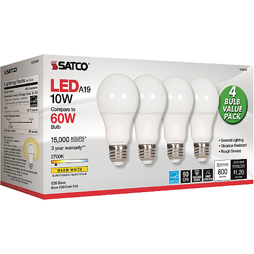Satco 10W A19 LED 2700K Frosted Bulbs 10 W - 60 W Incandescent Equivalent Wattage - 120 V AC - 800 lm - A19 Size - Warm White Light Color - E26 Base - 15000 Hour - 2700&deg;K Color Temperature - 93 CRI - 220&deg; Beam Angle - 4 / Pack (S28560)