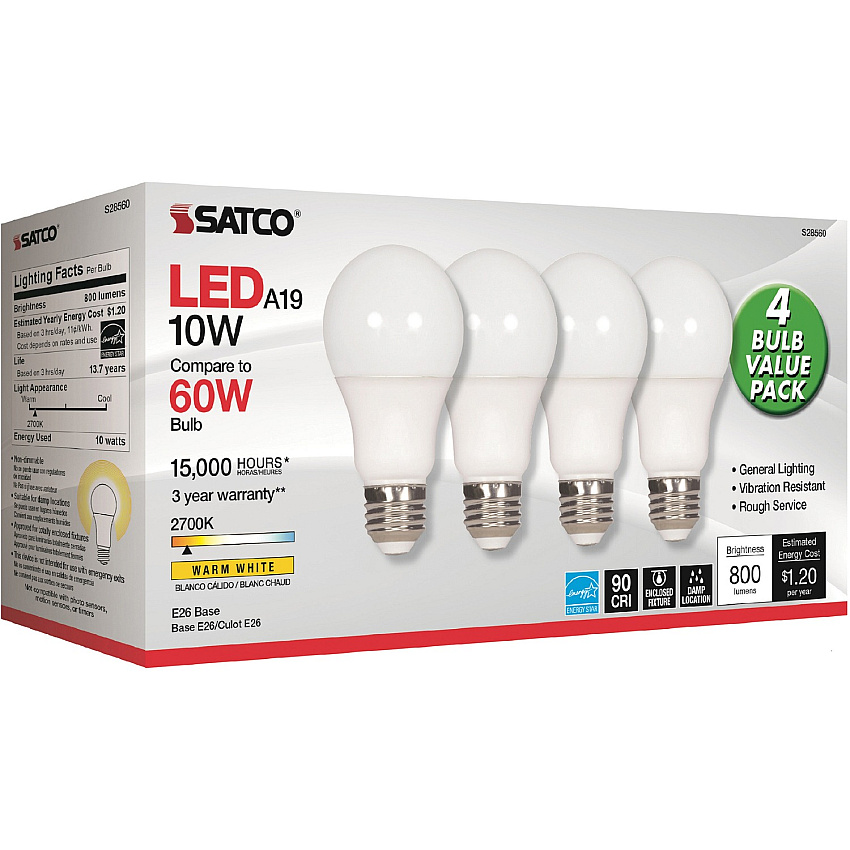 Satco 10W A19 LED 2700K Frosted Bulbs 10 W - 60 W Incandescent Equivalent Wattage - 120 V AC - 800 lm - A19 Size - Warm White Light Color - E26 Base - 15000 Hour - 2700&deg;K Color Temperature - 93 CRI - 220&deg; Beam Angle - 4 / Pack (S28560)