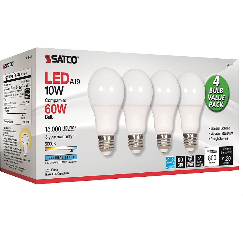 Satco 10W A19 LED 5000K Light Bulbs 10 W - 60 W Incandescent Equivalent Wattage - 120 V AC - 800 lm - A19 Size - Frosted White - Natural Light Light Color - E26 Base - 15000 Hour - 5000&deg;K Color Temperature - 94 CRI - 220&deg; Beam Angle - 4 / (S28563)