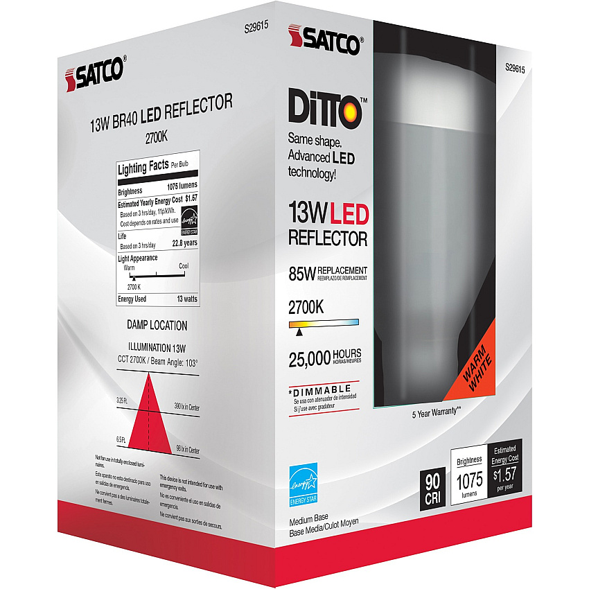 Satco 13W BR40 LED 2700K Bulb 13 W - 85 W Incandescent Equivalent Wattage - 120 V AC - 1075 lm - BR40 Size - Frosted White - Warm White Light Color - E26 Base - 25000 Hour - 2700&deg;K Color Temperature - 95 CRI - 103&deg; Beam Angle - Dimmable - (S29615)
