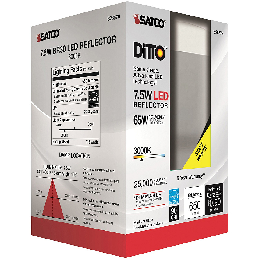 Satco 7.5W BR30 LED Bulb 7.50 W - 65 W Incandescent Equivalent Wattage - 120 V AC - 650 lm - BR30 Size - Frosted White - Warm White Light Color - E26 Base - 25000 Hour - 3000&deg;K Color Temperature - 93 CRI - 105&deg; Beam Angle - Dimmable - Ref (S28578)