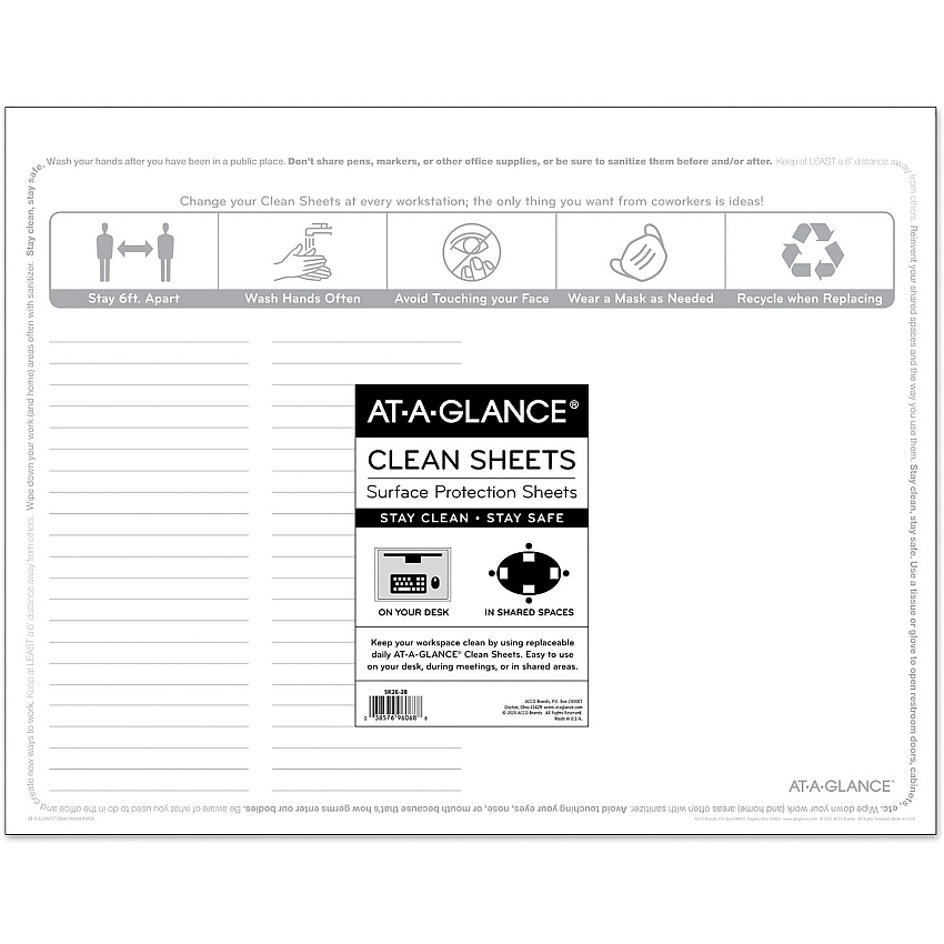At-A-Glance Disposable Clean Sheets Supports Desk - Rectangular - Disposable - White - 25 / Pack (SK2628)