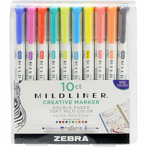 Zebra Pen Mildliner Double-ended Assorted Highlighter Set 10PK Fine Bullet, Bold Chisel Marker Point - Mild Lavender, Mild Spring Green, Mild Citrus Green, Mild Marigold, Mild Fuchsia, Mild Dark Gray, Mild Cyan, Mild Coral Pink, Mild Apricot, Mild (78501)