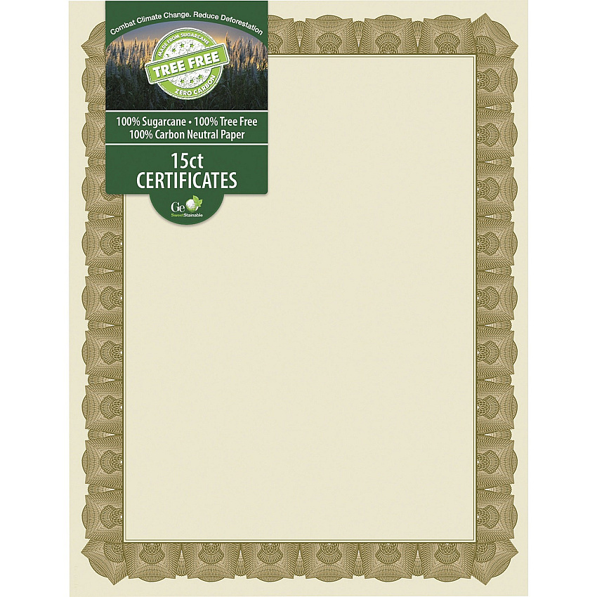 FranklinCovey Geographics Tree Free Certificate 8.5" Width - Multicolor with Gold Border - Sugarcane - 15 / Pack (49008)