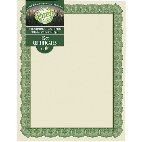 FranklinCovey Geographics Tree Free Certificate 8.5" Width - Multicolor with Green Border - Sugarcane - 15 / Pack (49016)