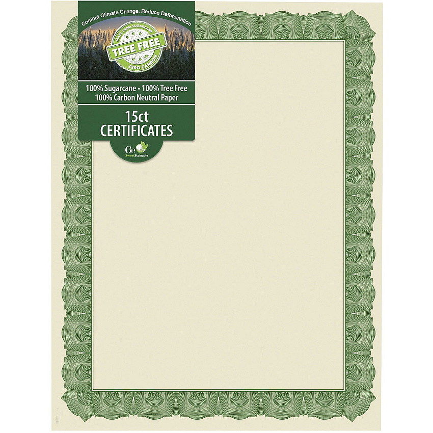FranklinCovey Geographics Tree Free Certificate 8.5" Width - Multicolor with Green Border - Sugarcane - 15 / Pack (49016)