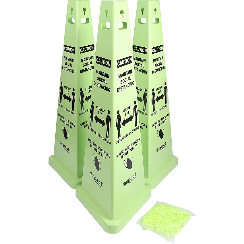 Impact TriVu Social Distancing 3 Sided Safety Cone Print/Message "Caution Maintain Social Distancing, At Least 6 Ft Distance from Others, Masks Must Be Worn in this Facility" - 14.8" Width x 40" Height - Cone Shape - Three-sided, UV Protected  (9140SMKIT)