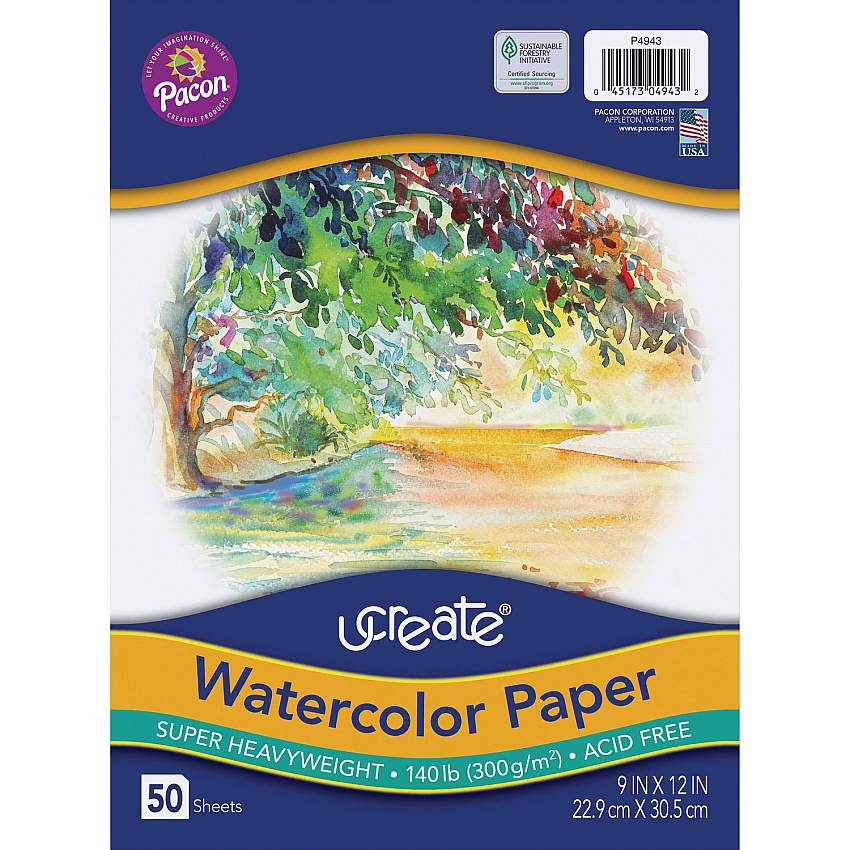 UCreate Watercolor Paper 140 lb Basis Weight - 9" x 12" Sheet Size - White Paper - Acid-free, Recyclable - 50 / Pack (P4943)