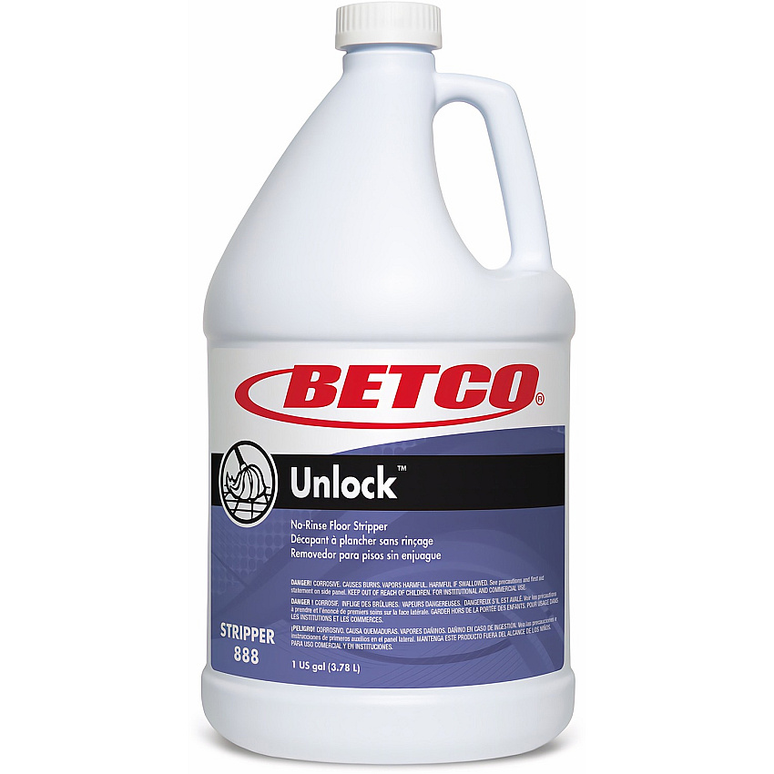 Betco Unlock Floor Stripper, 1 Gallon, Pack Of 4 Ready-To-Use - 128 fl oz (4 quart) - 128 oz (8 lb) - Unscented, Low Foaming, Rinse-free, Low Odor - Clear - 4 / Carton (8880400)