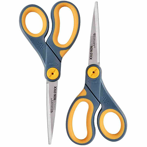 Westcott Titanium Bonded Non-Stick Scissors, 8" , Pointed, Gray/Yellow, Pack Of 2 8" Cutting Length - Left/Right - Stainless Steel - Pointed Tip - Gray, Yellow - 2 / Pack (16550)