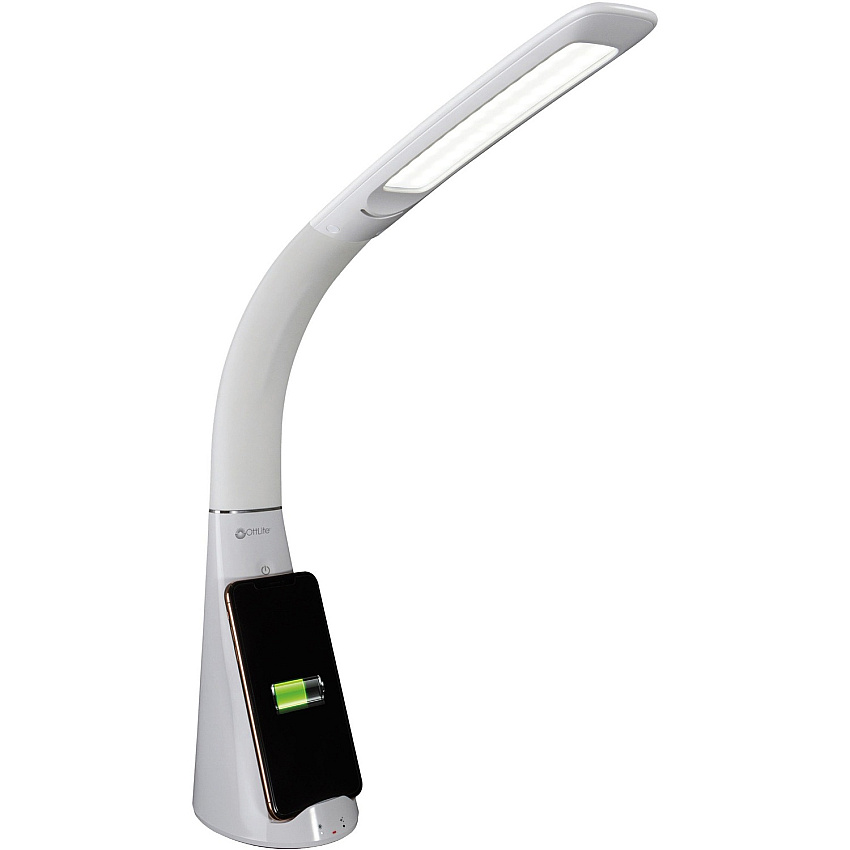 OttLite Purify LED Desk Lamp with Wireless Charging and Sanitizing 12" Height x 5" Width - LED Bulb - USB Charging, Flexible Neck, Sanitizing, Qi Wireless Charging - Desk Mountable - White - for Furniture, Desk, Office, Home, Dorm (SCNQC00S)