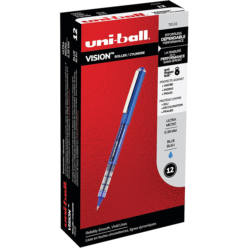 uni-ball uniball&trade; Vision Rollerball Pen 0.38 mm Ultra Micro Pen Point - Blue Ink - 1 Dozen (70132)