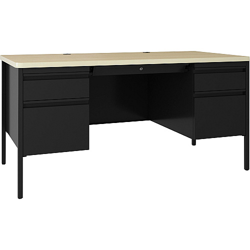 Lorell Fortress Series Double-Pedestal Teachers Desk 30" Height x 60" Width x 29.5" Depth, 0.8" Height Modesty Panel - Double Pedestal - T-mold Edge - Material: Steel - Finish: Maple, Black (LLR03155)