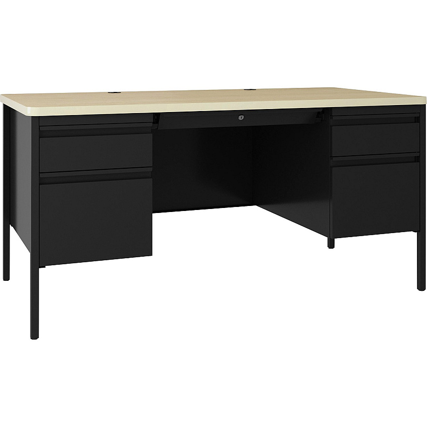 Lorell Fortress Series Double-Pedestal Teachers Desk 30" Height x 60" Width x 29.5" Depth, 0.8" Height Modesty Panel - Double Pedestal - T-mold Edge - Material: Steel - Finish: Maple, Black (LLR03155)
