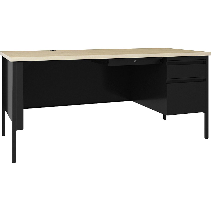 Lorell Fortress Series 66" Right-Pedestal Desk 30" Height x 66" Width x 29.5" Depth, 0.8" Height Modesty Panel, x 1.1" Thickness Top - Single Pedestal on Right Side - Square Edge - Material: Steel - Finish: Black (LLR66906)