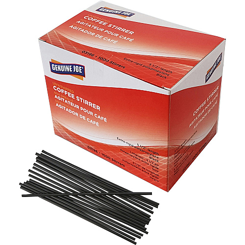 Genuine Joe Plastic Stirrers 5.5" Length - Plastic, Polypropylene - Black - 1000 / Box (GJO03196)