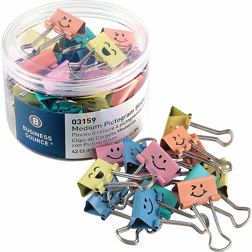 Business Source Smiling Face Binder Clips Medium - for Paper, Office, Classroom - Sturdy - Assorted - 42 / Tube (BSN03159)