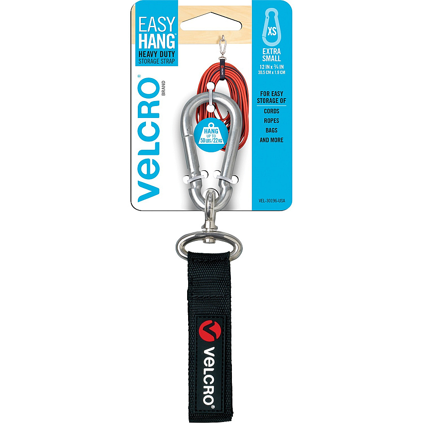 VELCRO&reg; Heavy Duty Storage Strap Adjustable - Extra Small (XS) - Carabiner Attachment - 0.8" Height x 3.3" Width x 8.8" Length - Black - 1 Each (30196)