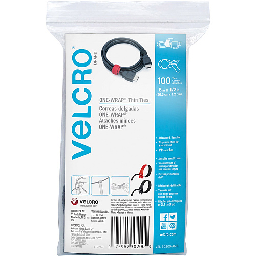 VELCRO&reg; Reusable Thin Straps Black, Red - Fabric, Nylon - 100 / Pack (30200)
