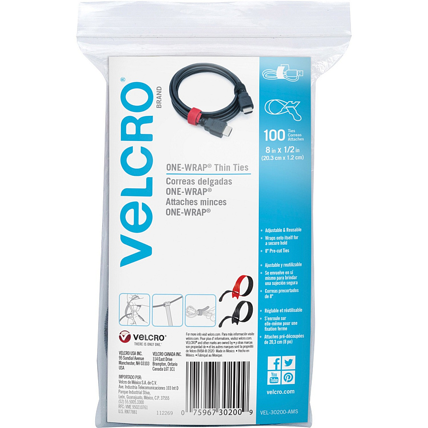 VELCRO&reg; Reusable Thin Straps Black, Red - Fabric, Nylon - 100 / Pack (30200)