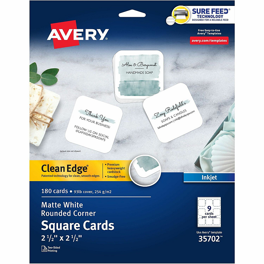 Avery Clean Edge Square Cards, Rounded Corners, 2.5" x 2.5" 110 Brightness - 8 1/2" x 11" - 93 lb Basis Weight - 254 g/m² Grammage - Matte - Printable, Rounded Corner, Die-cut, Smooth Edge, Print-to-the-edge, Perforated, Avery Clean Edge Tech (35702)
