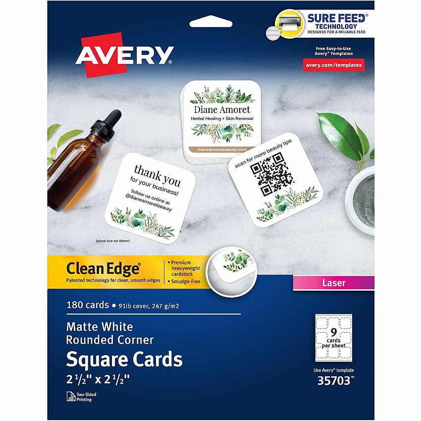 Avery Clean Edge Square Cards, Rounded Corners, 2.5" x 2.5" 145 Brightness - A4 - 8 1/2" x 11" - 91 lb Basis Weight - 247 g/m² Grammage - Matte - Printable, Rounded Corner, Die-cut, Smooth Edge, Print-to-the-edge, Perforated, Avery Clean Edge (35703)