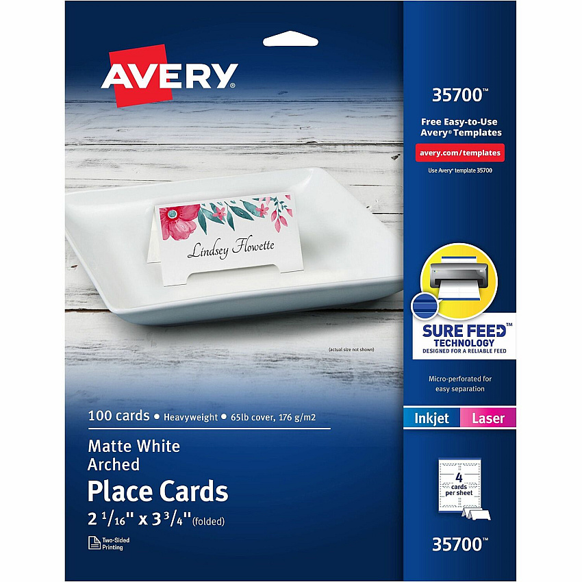 Avery&reg; Sure Feed Arched Tent Cards 97 Brightness - Letter - 8 1/2" x 11" - 65 lb Basis Weight - 176 g/m² Grammage - Matte - Printable, Scratch Proof, Die-cut, Perforated, Print-to-the-edge, Pre-scored, Smooth Edge, Foldable, Sturdy, Jam-f (35700)