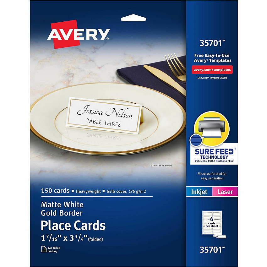 Avery&reg; Place Cards With Gold Border 1-7/16" x 3-3/4" , 65 lbs. 150 Cards 97 Brightness - Letter - 8 1/2" x 11" - 65 lb Basis Weight - 176 g/m² Grammage - Matte - Perforated, Print-to-the-edge, Pre-scored, Micro Perforated, Foldable, Smoot (35701)