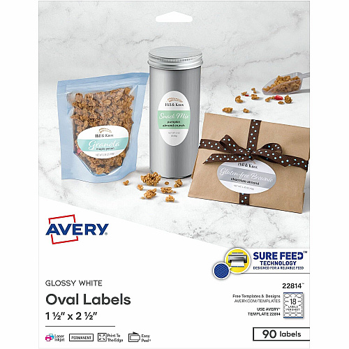 Avery&reg; Sure Feed Printable Glossy White Labels Waterproof - 1 1/2" Widthss x 2 1/2" Length - Permanent Adhesive - Oval - Inkjet, Laser - Glossy White - White - Paper - 18 / Sheet - 18 Total Sheets - 90 Total Label(s) - 90/Pack - 1 Carton (22814)