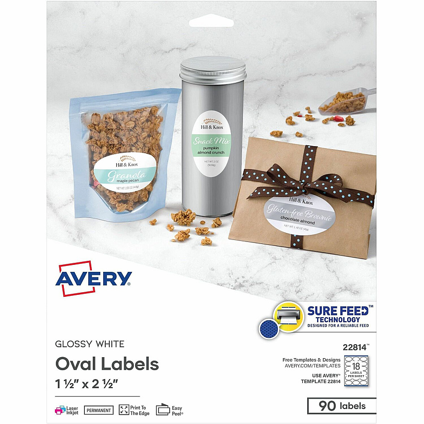 Avery&reg; Sure Feed Printable Glossy White Labels Waterproof - 1 1/2" Widthss x 2 1/2" Length - Permanent Adhesive - Oval - Inkjet, Laser - Glossy White - White - Paper - 18 / Sheet - 18 Total Sheets - 90 Total Label(s) - 90/Pack - 1 Carton (22814)