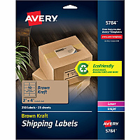 Avery&reg; Shipping Labels,, Kraft Brown, 2" x 4" , 250 Labels (5784) 2" Height x 4" Width - Permanent Adhesive - Rectangle - Laser, Inkjet - Kraft Brown - Paper - 10 / Sheet - 25 Total Sheets - 250 Total Label(s) - 1 Carton (05784)