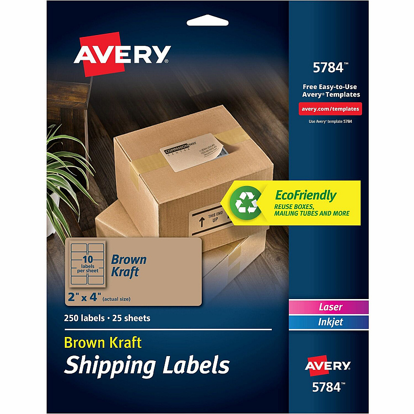 Avery&reg; Shipping Labels,, Kraft Brown, 2" x 4" , 250 Labels (5784) 2" Height x 4" Width - Permanent Adhesive - Rectangle - Laser, Inkjet - Kraft Brown - Paper - 10 / Sheet - 25 Total Sheets - 250 Total Label(s) - 1 Carton (05784)