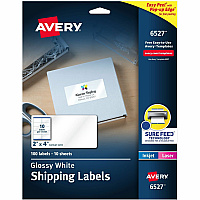Avery&reg; Shipping Labels, Glossy White, 2" x 4" , 100 Total (6527) 2" Height x 4" Width - Permanent Adhesive - Rectangle - Laser, Inkjet - Glossy - White - Paper - 10 / Sheet - 10 Total Sheets - 100 Total Label(s) - 1 Carton (06527)