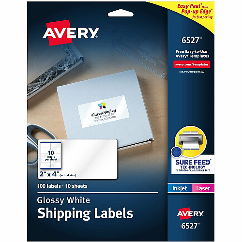 Avery&reg; Shipping Labels, Glossy White, 2" x 4" , 100 Total (6527) 2" Height x 4" Width - Permanent Adhesive - Rectangle - Laser, Inkjet - Glossy - White - Paper - 10 / Sheet - 10 Total Sheets - 100 Total Label(s) - 1 Carton (06527)