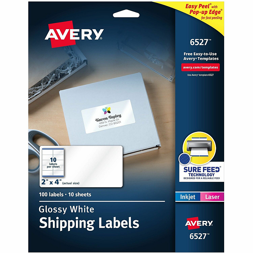 Avery&reg; Shipping Labels, Glossy White, 2" x 4" , 100 Total (6527) 2" Height x 4" Width - Permanent Adhesive - Rectangle - Laser, Inkjet - Glossy - White - Paper - 10 / Sheet - 10 Total Sheets - 100 Total Label(s) - 1 Carton (06527)