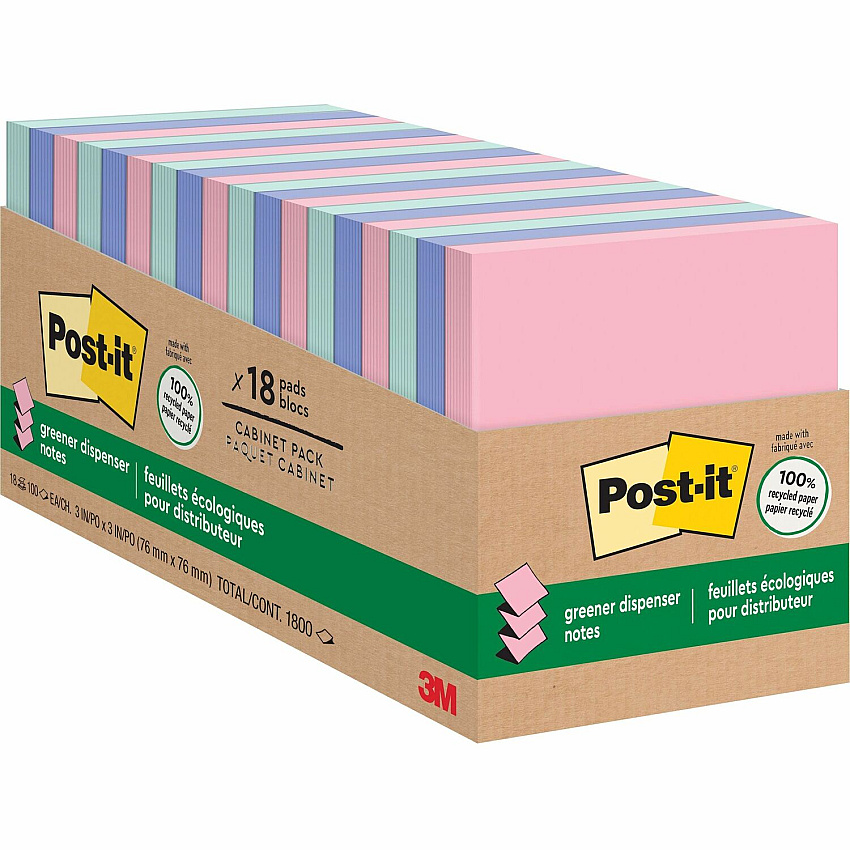 Post-it&reg; Greener Dispenser Notes 3" Flag/Note Width x 3" Flag/Note Length - Square - 100 Sheets per Pad - Positively Pink, Fresh Mint, Moonstone - Paper - Self-stick, Removable, Recyclable, Pop-up, Residue-free, Eco-friendly - Recycled -  (R330RP18CP)