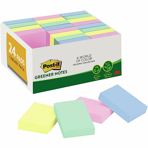 Post-it&reg; Greener Notes Value Pack - Beachside Cafe Color Collection 1 1/2" Flag/Note Width x 2" Flag/Note Length - Rectangle - Positively Pink, Canary Yellow, Fresh Mint, Moonstone - Paper - Self-stick, Removable, Recyclable, Residue-free (65324RPVAD)