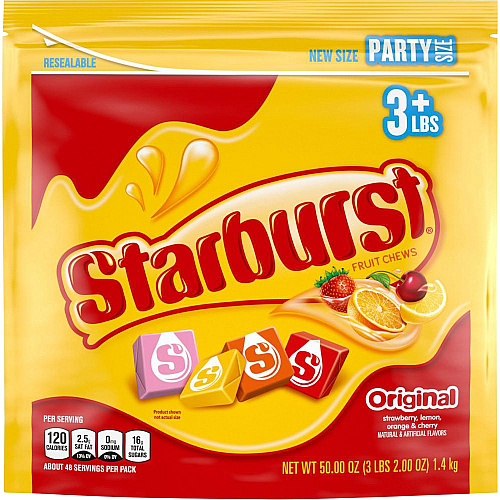 Starburst Fruit Chews Party Size Bag Strawberry, Lemon, Orange, Cherry - Individually Wrapped, Resealable Zipper - 3.12 lb - 1 Each (28086)