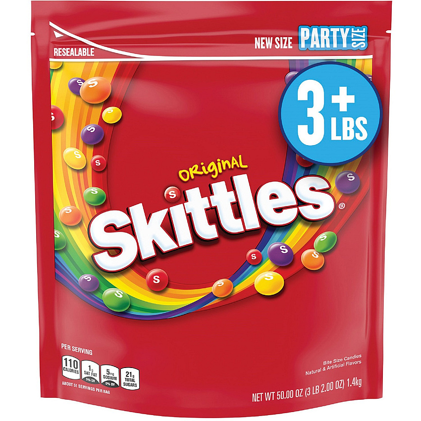 Skittles Original Party Size Bag Orange, Lemon, Green Apple, Grape, Strawberry - Resealable Container - 3 lb - 1 Each (28092)