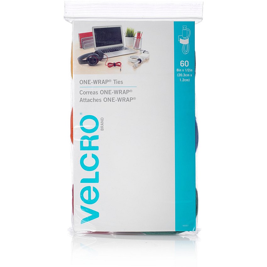VELCRO&reg; One Wrap Cable Ties Cable Tie - Assorted - 8" Length - 60 / Pack (93007)