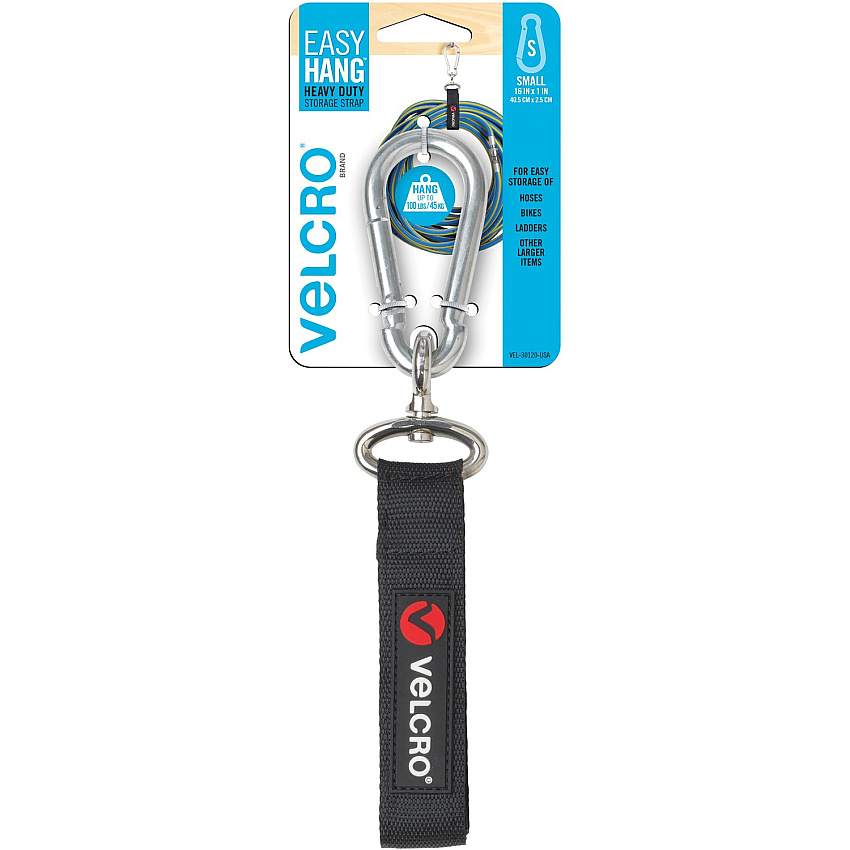 VELCRO&reg; Heavy-Duty Storage Strap Adjustable - 100 lb Load Capacity - Small (S) - Carabiner Attachment - 10.3" Height x 3.5" Width x 1" Length - Black - 1 Each (30120)