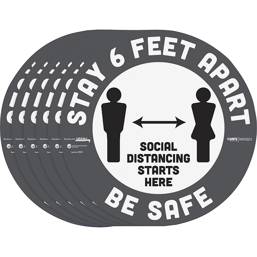 Tabbies BeSafe STAY 6 FEET APART Floor Decals Print/Message "Stay 6 Feet Apart" - 12" Width x 12" Height - Circle Shape - Easy Readability, Removable, Pressure Sensitive, Adhesive, Adjustable, Non-slip - Acrylic, Vinyl - Gray, White - 6 / Pack (29201)